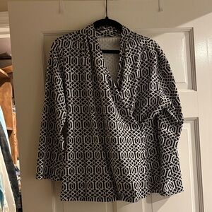 J. McLaughlin Black and White Geometric Wrap blouse